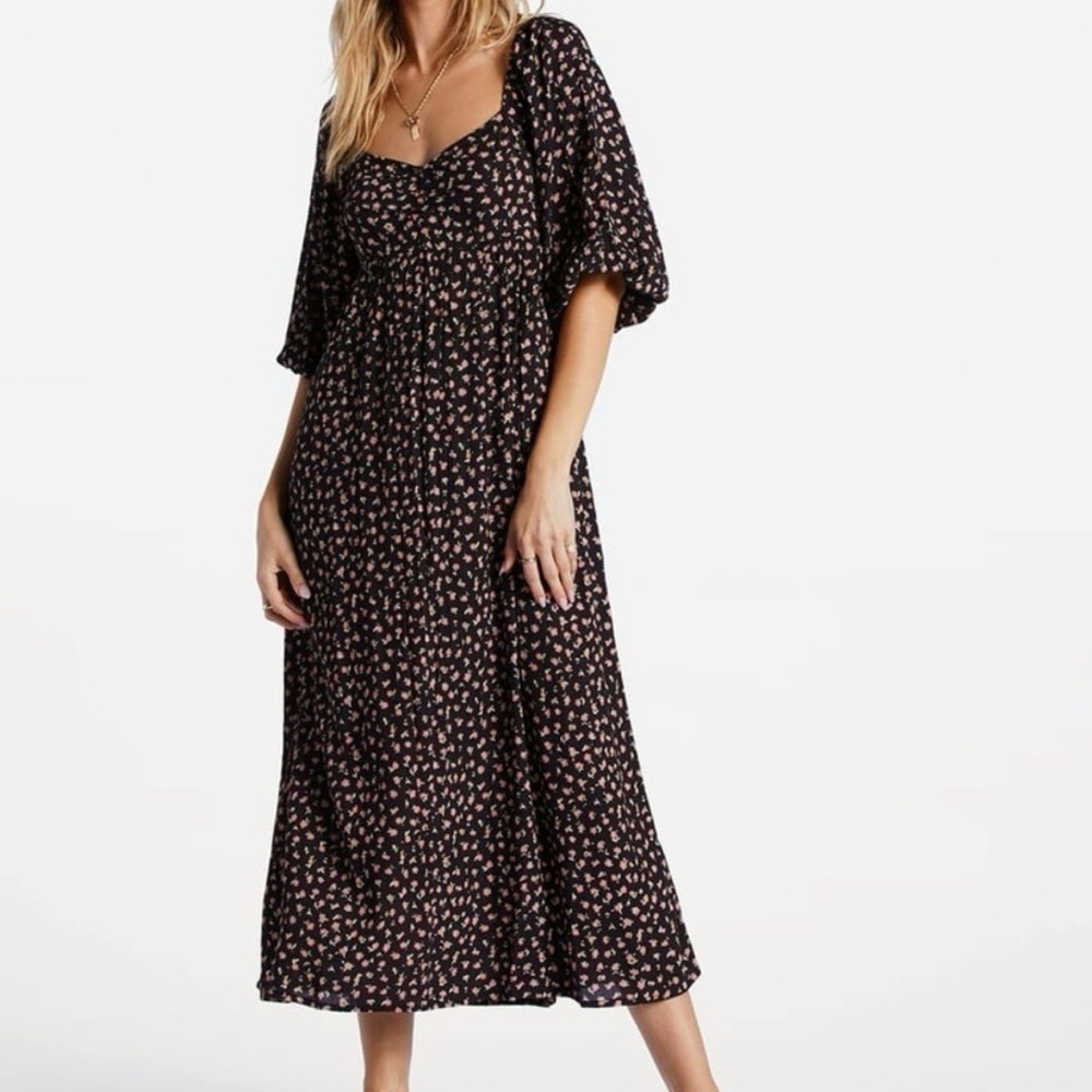 Billabong Floral Puff Sleeve Maxi Dress Sweetheart Neckline